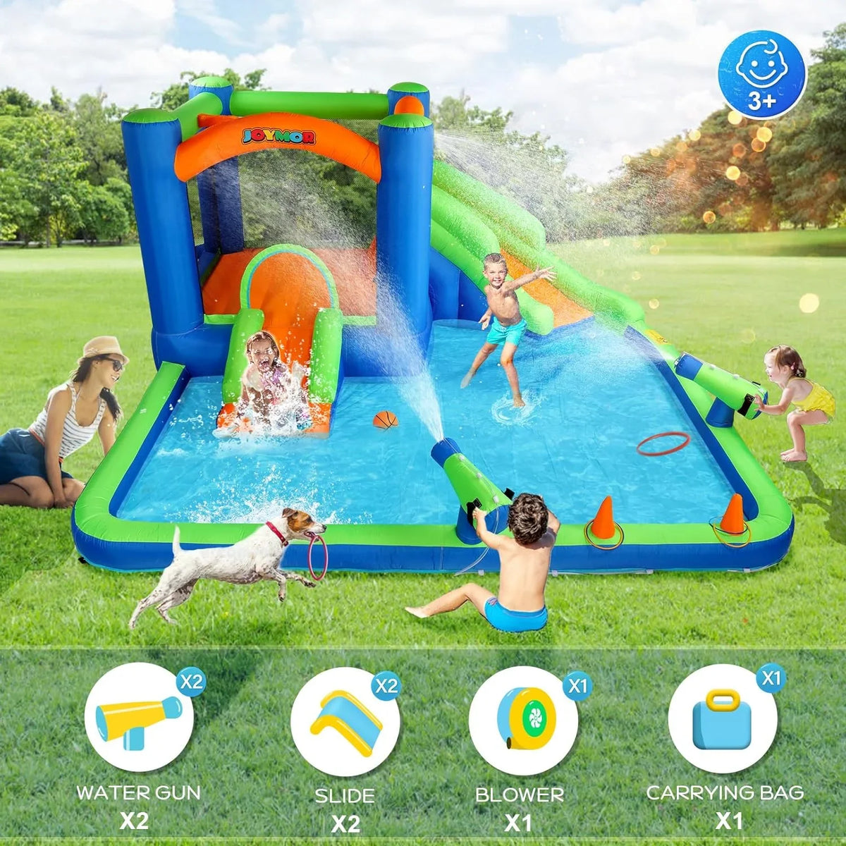 (2024 New) JOYMOR Inflatable Slide Bounce House for Kid 3-6; Inflatable Slide w/Basketball Hoop; Cannon; Ring-Toss Game; Inflatable Bounce House w/Slides; Air Blower