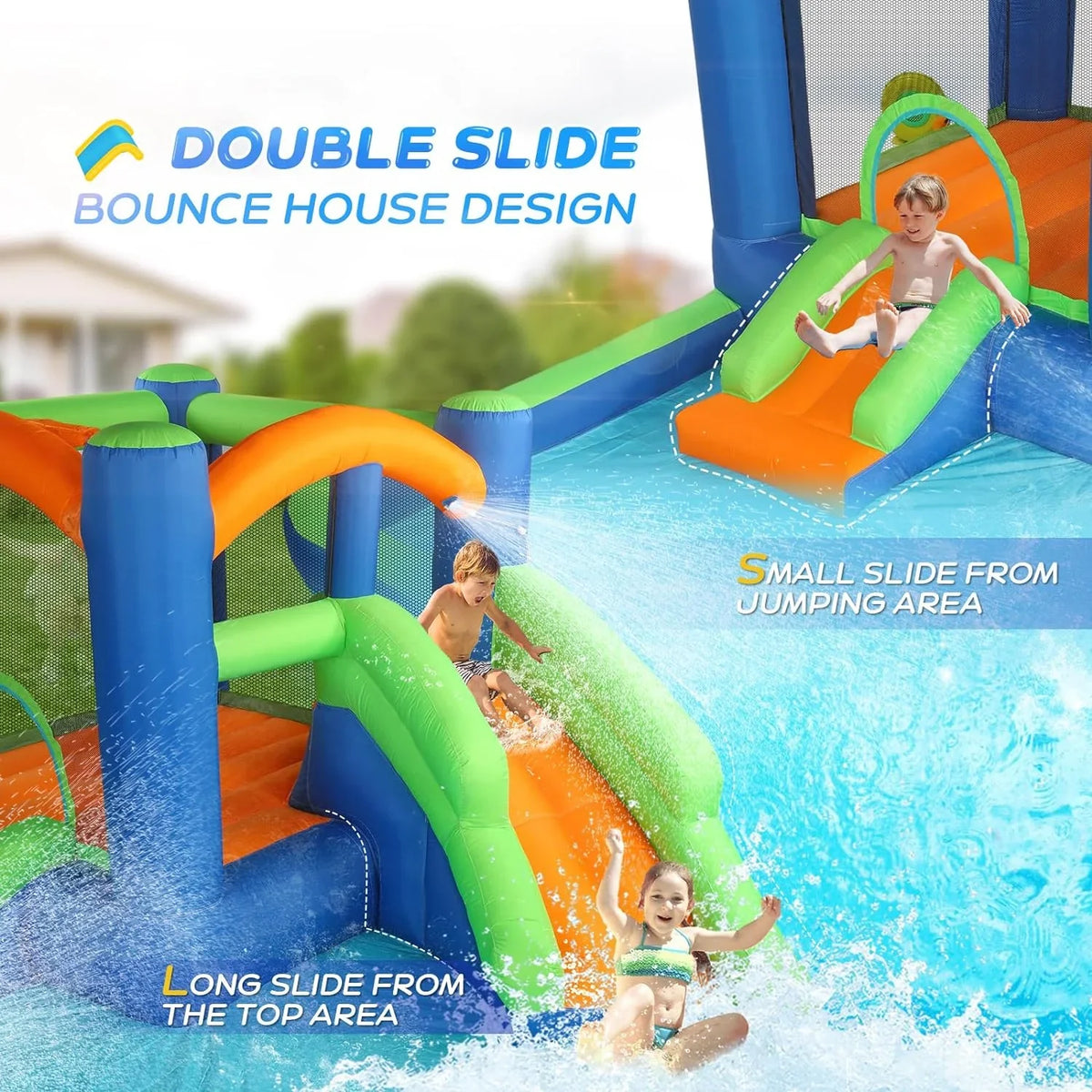 (2024 New) JOYMOR Inflatable Slide Bounce House for Kid 3-6; Inflatable Slide w/Basketball Hoop; Cannon; Ring-Toss Game; Inflatable Bounce House w/Slides; Air Blower