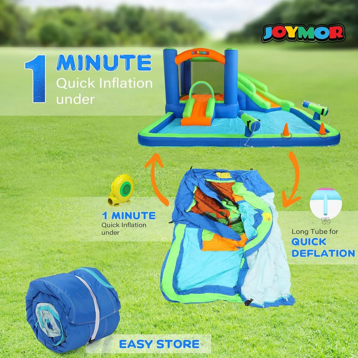 (2024 New) JOYMOR Inflatable Slide Bounce House for Kid 3-6; Inflatable Slide w/Basketball Hoop; Cannon; Ring-Toss Game; Inflatable Bounce House w/Slides; Air Blower